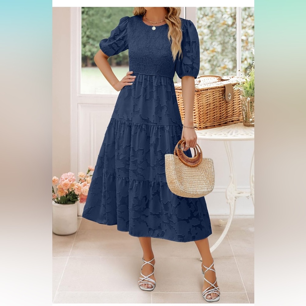 Short Puff Sleeve Crewneck Smocked Floral Lace Flowy A Line Tiered Maxi Dresses